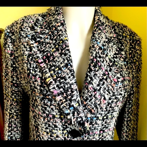Black wool tweed blazer with fringes at collar trim line & outer pockets US 10 - Picture 9 of 16